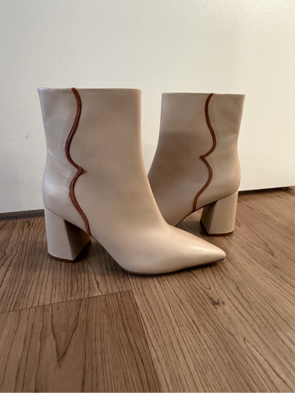 Seychelles Cream Ankle Boots with Brown Scalloped Trim
